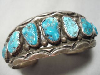 Opuelnt Very Old Vintage Navajo Turquoise Nugget Sterling Silver Bracelet