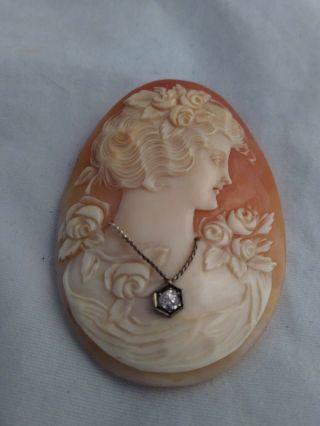 C1890 Antique Cameo Large Size Diamond Necklace Carved Shell Loose Cameo