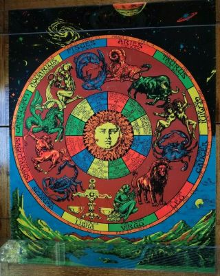 Vtg 1971 Astrology Black Light Poster Horoscope Age of Aquarius Large 12