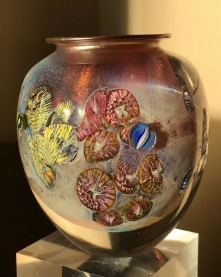 Josh Simpson Signed and Dated Art Glass Ocean Vase RARE w/ Iridescent Inside 2