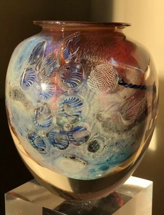 Josh Simpson Signed and Dated Art Glass Ocean Vase RARE w/ Iridescent Inside 4
