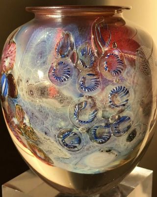 Josh Simpson Signed and Dated Art Glass Ocean Vase RARE w/ Iridescent Inside 5