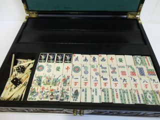 VINTAGE BONE & BAMBOO MAH JONG SET & RACKS IN CARVED WOOD 1 OF A KIND CASE 1920 11