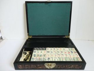 VINTAGE BONE & BAMBOO MAH JONG SET & RACKS IN CARVED WOOD 1 OF A KIND CASE 1920 5