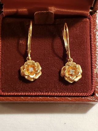 Antique Vintage 14kt Gold Diamond Flower Dangle Earrings/marked