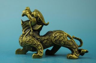 Chinese Old Fengshui Copper Hand - Carved Coin Wealth Unicorn Pi Xiu Statue E01