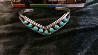 Vintage Ladies Sterling Silver Singed Zuni Blue Turquoise Thin Bracelet