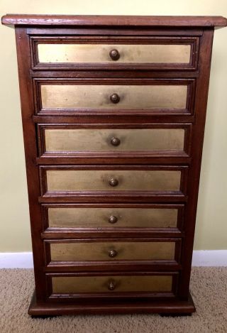 Vintage English Antique Style Walnut Brass Front 7 Drawer Smaller Tall Cabinet