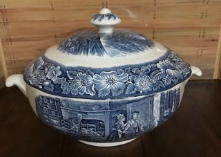 Vtg Staffordshire Liberty Blue Soup Tureen W/ Lid Boston Tea Party Made England