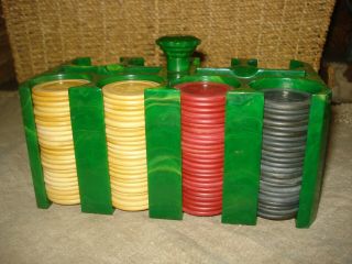 Vintage Antique Catalin Bakelite Green Poker Chip Caddy & Clay Chips With Ships