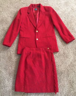 Vtg Liz Claiborne Liz Wear Red & Speckled Wool Blend Lined Skirt Suit,  Sz.  2p