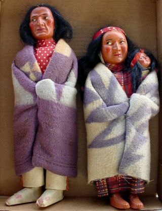 Antique Skookum Family Indian Dolls Father Mother & Baby Bully Good Indian N/r