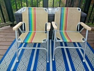 Vtg Rainbow Stripe Aluminum Folding Metal Lawn Chairs Nylon Patio Deck