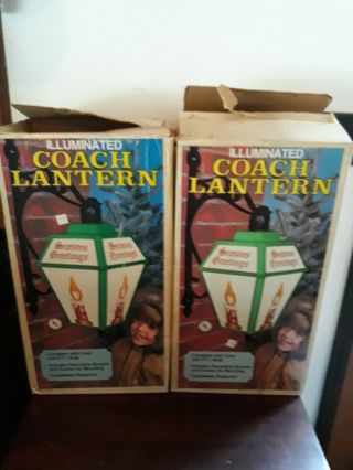 Rare Pair Empire Blow Mold Christmas Coach Lanterns Orig Boxes,  Brackets,  Papers 2