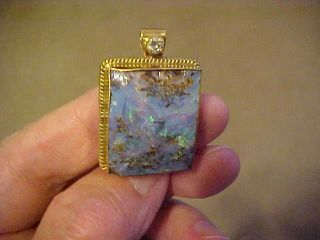 Rare Vintage Rough Black Australian Opal In 14k Gold Pendant With Diamond