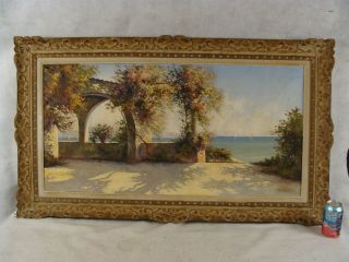 Antique 20c Signed Binder Italian Veranda View Seascape Oil Painting
