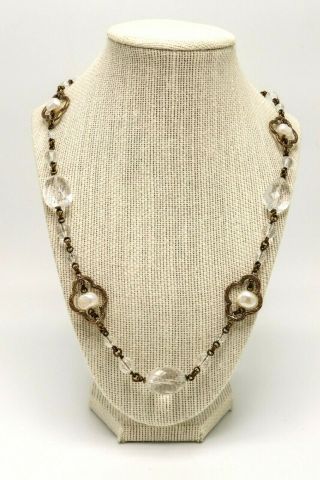 Nwt Stephen Dweck Signed Designer Bronze Rock Crystal Pearl Quatrefoil Necklace