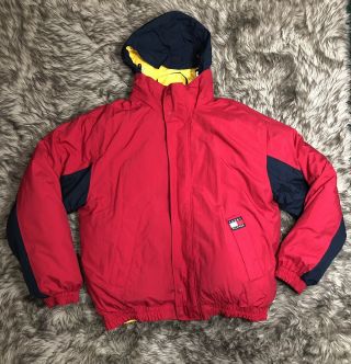 Vintage 90s Tommy Hilfiger Puffer Jacket Big Logo Reversible Hooded Sz Xl