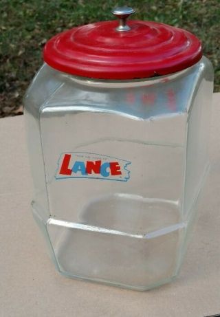 Vintage Large Glass Lance 8 Sided Jar Embossed Candy Nuts - Metal Lid