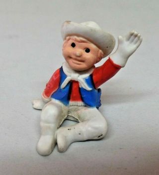 Vintage Small Sitting Waving Cowboy Toy Figure Red White & Blue Pvc 1 1/2 "