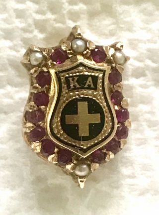 Rare Vintage Solid 14k Gold Kappa Alpha Fraternity Pin With Pearls And Rubies