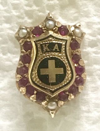 RARE VINTAGE SOLID 14K GOLD KAPPA ALPHA FRATERNITY PIN WITH PEARLS AND RUBIES 3