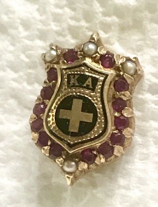 RARE VINTAGE SOLID 14K GOLD KAPPA ALPHA FRATERNITY PIN WITH PEARLS AND RUBIES 4