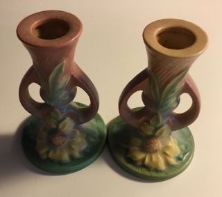 Pair Vintage Roseville Pottery Peony Pink Taper Candlesticks 4.  5 " 1152