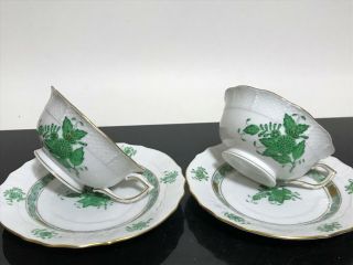 Vtg 2pc Herend Hungary Green Chinese Bouquet Floral Porcelain Teacup & Plates