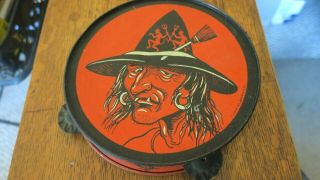Vintage Halloween Tin Toy Tambourine - Witches & Cats - T.  Cohn,  Inc - Usa - - Rare