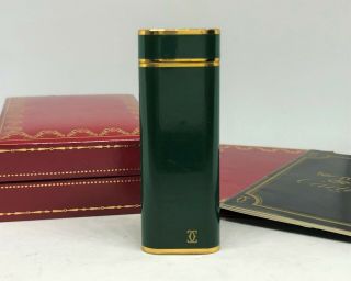 Auth Vintage Cartier Green Enamel K18 Gold - Plated Trim Oval Lighter Green W Case