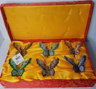 Vintage Cloisonne Butterfly Napkin Rings Set Of 6 With Storage Case