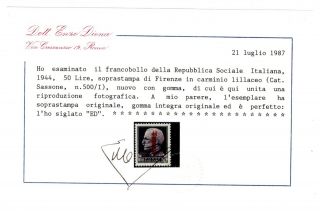 Italy Italian RSI 1944 CARMINIO LILLACEO Very Rare Stamp Certified MNH 3