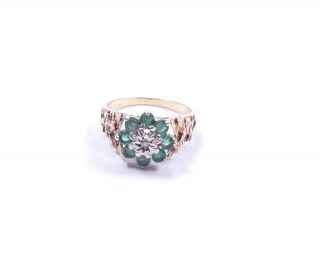 Emerald And Diamond Ring 9 Carat Gold Vintage Cluster 1980s