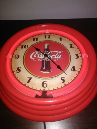 Vintage 15” Coca Cola Neon Wall Clock Drink Coca Cola In Bottle 5 Cents