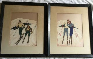 2 Paintings Of Skiers Oil On Satin Vintage " F.  B.  " 1950s? Artwork Framed 17x20