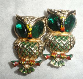 1931 Patent Date On Coro Craft Duette Green Owl Fur Coat Clip Pin Brooch