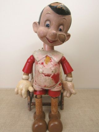 Large Vtg 1940s Ideal Disney Pinocchio Wood Doll 19 " Usa Jointed Body Needs Tlc