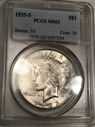 1935 - S Peace Dollar Pcgs Ms63 Coin Rare Date