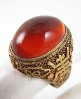 Lovely Early Chinese Export Sterling Silver Shou Cognac Natural Amber Ring
