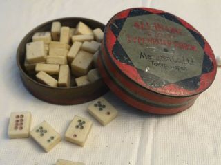 Antique Miniature Dominoes Set In Vintage Tin Case