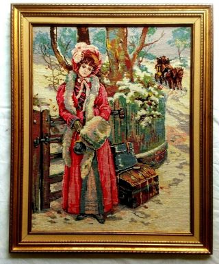 Vtg Needlepoint Winter Scene Gold Framed Cross Stitch Picture Lady Country