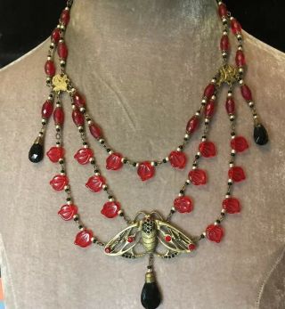 Vintage jewellery fabulous Czech art nouveau moth crystal festoon necklace 4