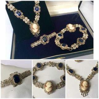 Vintage Art Deco Silver Filigree Cameo Shell & Sapphire Necklace,  Brooch Suite
