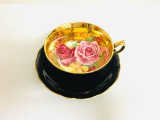Paragon Cabbage Rose on Gold Black Tea Cup and Saucer Stunning Extremely Rare 2