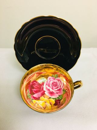 Paragon Cabbage Rose on Gold Black Tea Cup and Saucer Stunning Extremely Rare 3