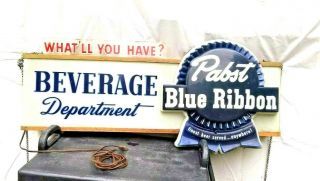 Vintage Hanging Pabst Blue Ribbon Lighted Sign 44 Inch By 18 Inch