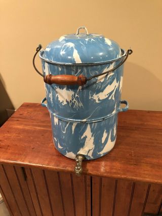 Rare Antique French Two Piece Turquoise Blue - Enamelware - Splatter Ware Cooler