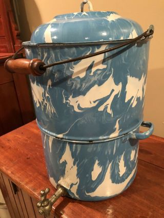 Rare Antique French Two Piece Turquoise Blue - Enamelware - Splatter Ware Cooler 3