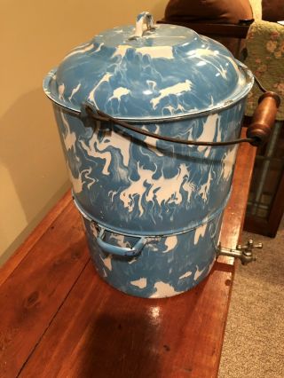 Rare Antique French Two Piece Turquoise Blue - Enamelware - Splatter Ware Cooler 4
